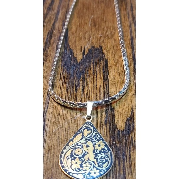 Vintage 14K GP Chain With Gold & Black Designed Tear Drop Shaped Pendant "T"
