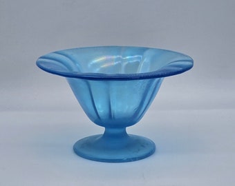 Vintage Blue Iridescent Stretch Art Glass Pedestal Bowl France