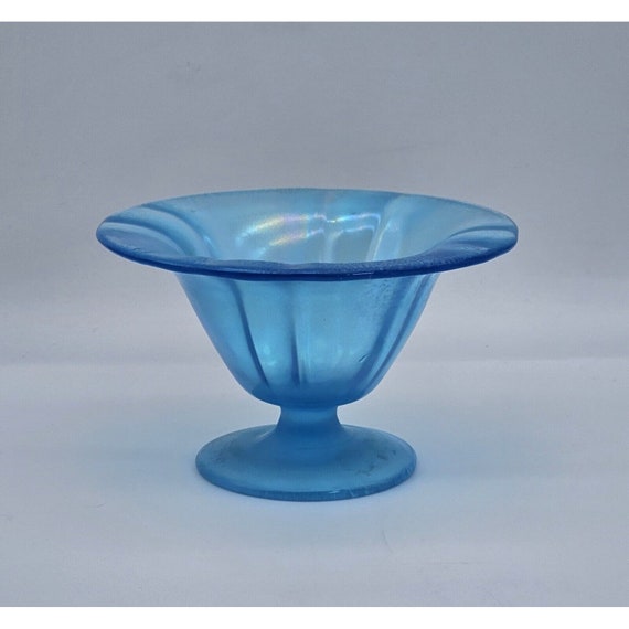 Vintage Blue Iridescent Stretch Art Glass Pedestal Bowl France