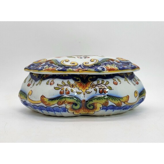 ANTIQUE JJ.FOURMAINTRAUX Covered Candy Dish Desvres France #896 Faience