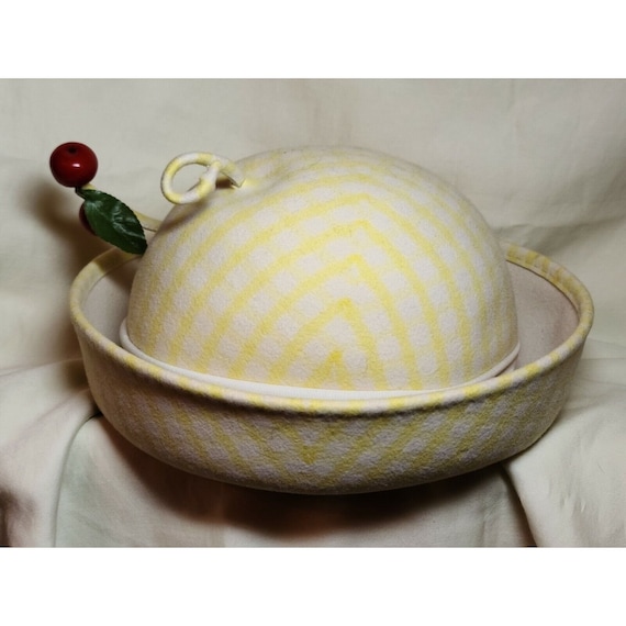 Vintage Yellow & White 100% Wool Hat With Cherries Frank Olive New York