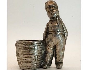 Vintage Solid Brass Man With Basket Or Barrel Made In England Figurine 3.25"