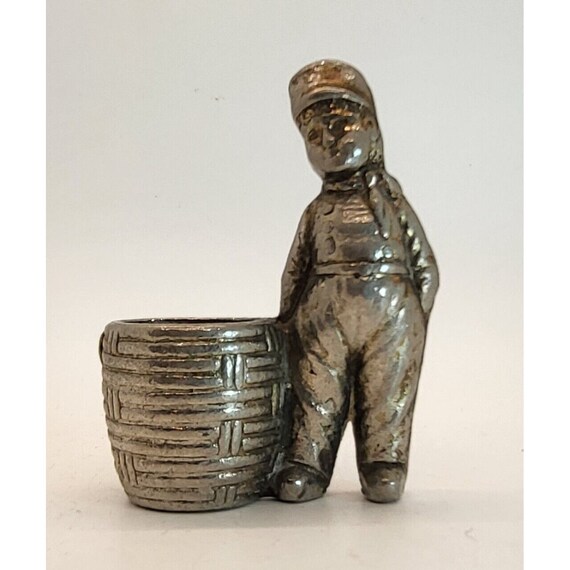 Vintage Solid Brass Man With Basket Or Barrel Made In England Figurine 3.25"