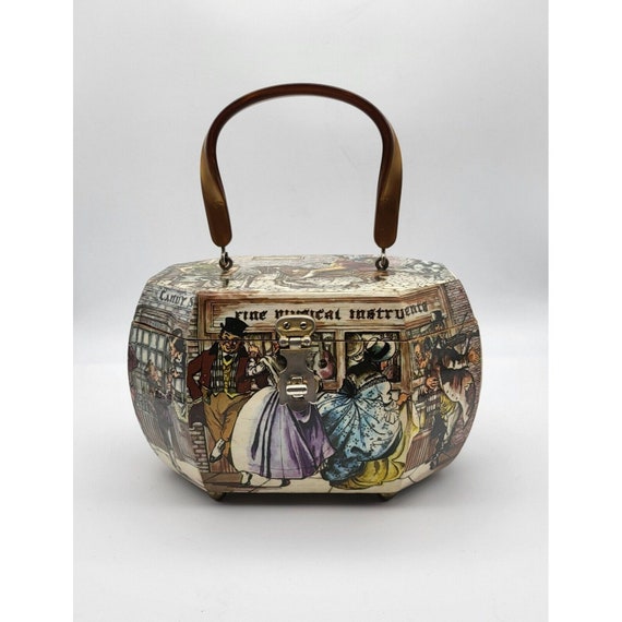 Vintage '70s Anthony Gruerio Decoupage Octagonal Wooden Purse with Lucite Handle