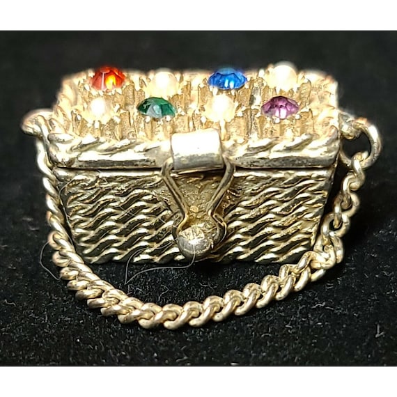 Vintage Sterling Silver Colored Rhinestones & Faux Pearl Basket Pendant