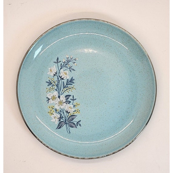 Vintage MCM Salad Bread Plate Lt. Speckled Blue Floral Silver Rim 6.5" Gorgeous
