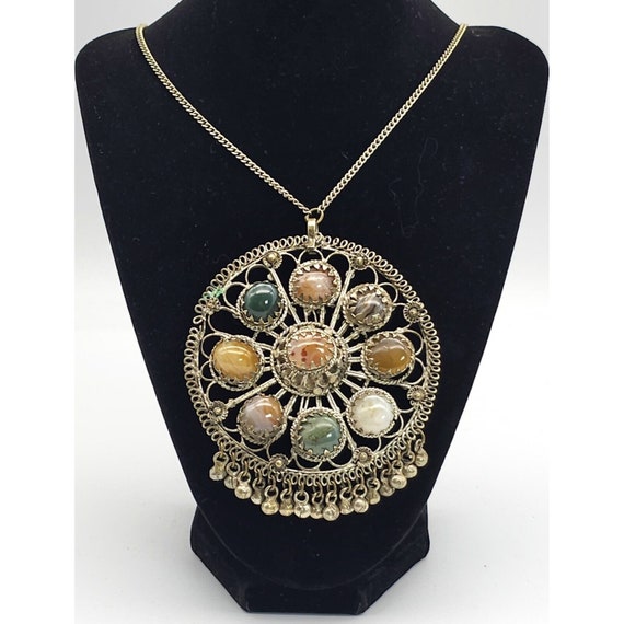 Vintage Tibet Silver Agate Necklace Large Heavy 28" Chain