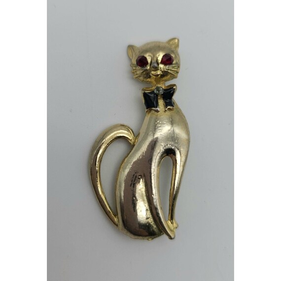 Large Vintage Gold Tone Cat Roach Rhinestone Eyes Enamel Bow Tie 2"