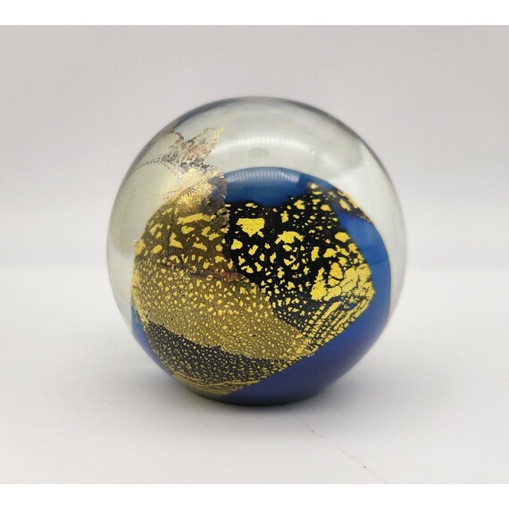 Vintage R. Strong Signed 1994  Art Glass Paperweight Black Gold Blue 2.75" Tall