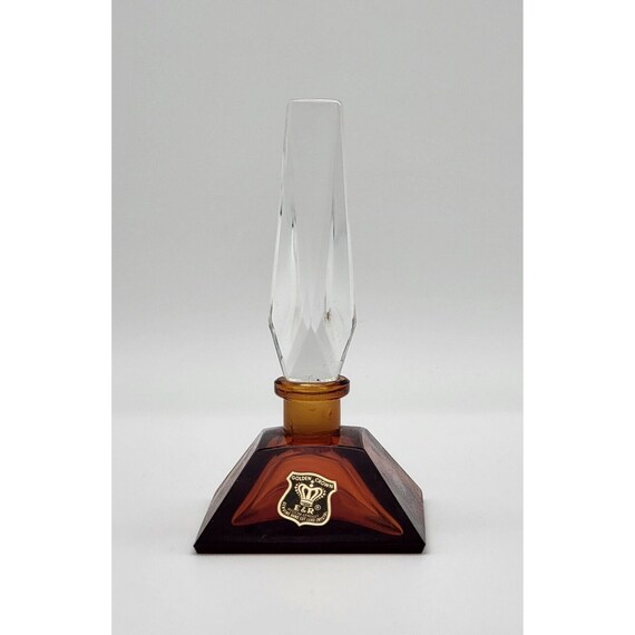 E&R  Golden Crown Crystal Glass Brown Perfume Stopper  Bottle Vintage 5.5"