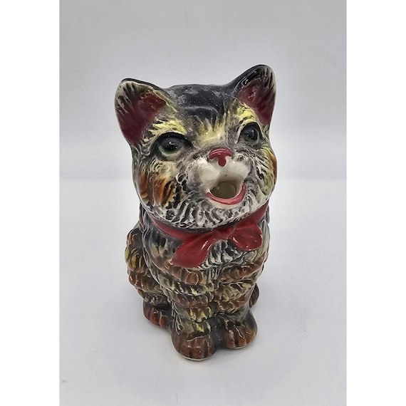 Vintage Royal Porcelain Tabby Cat Creamer Red Bow Collar 5.75 In