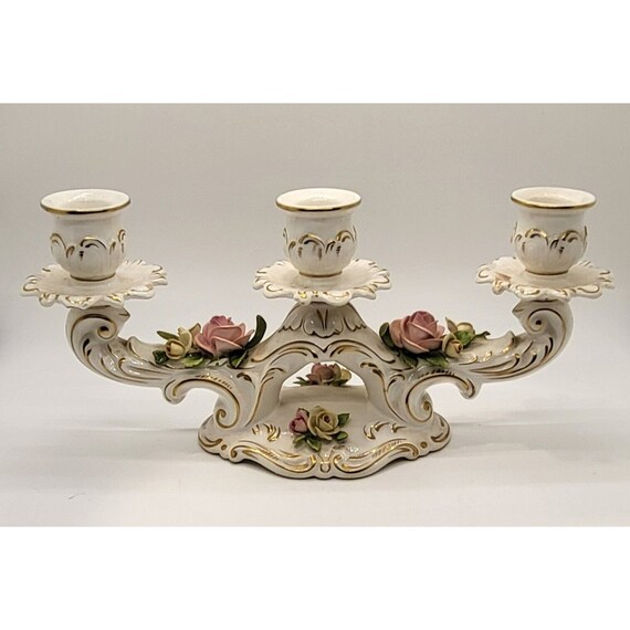 Antique Porcelain Candle Holder 1162 Hand-Sculpted Roses 11 3/8x5 1/8in Germany