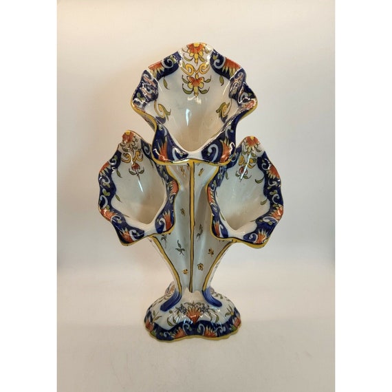 ANTIQUE JJ.FOURMAINTRAUX 3 Fluted Vase Desvres France 11.25"