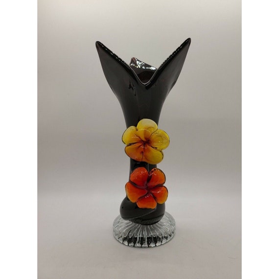 Handblown Deep Amethyst Glass Vase With Blown Glass Flowers 8 & 1/2 Tall Vintage