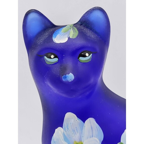 Fenton Art Glass Stylized Cat COBALT BLUE W/ Hand Painted Flowers