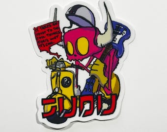 Anime Demon Sticker: Pink Skull, Yellow Scooter, Blue Bass (2"x3" Vinyl)