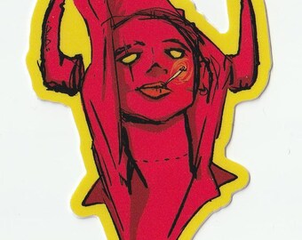 Adesivo con ritratto di demonessa cornuta – Vinile lucido rosso e arancione