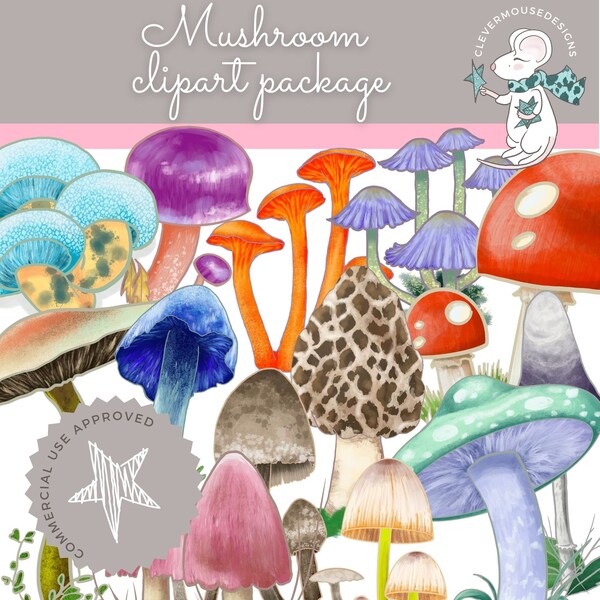 Commercial use OK (small) Clipart Set, 13 Fanciful Mushrooms