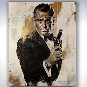 Forever Bond - Vintage Sean Connery James Bond Print, Black & White Art with Gold Metallic accents, Iconic 007 Wall Décor, wall art, gift