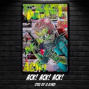 Mars Attacks Alien Painting, UFO Kitsch Pop Art, Mixed Media Canvas (16 x 23.5)