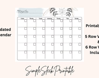 Undated Printable Calendar with both 5 Row and 6 Row Options Included - PDF Downloadable Printable - US Landscape Letter - Yearly Calendar