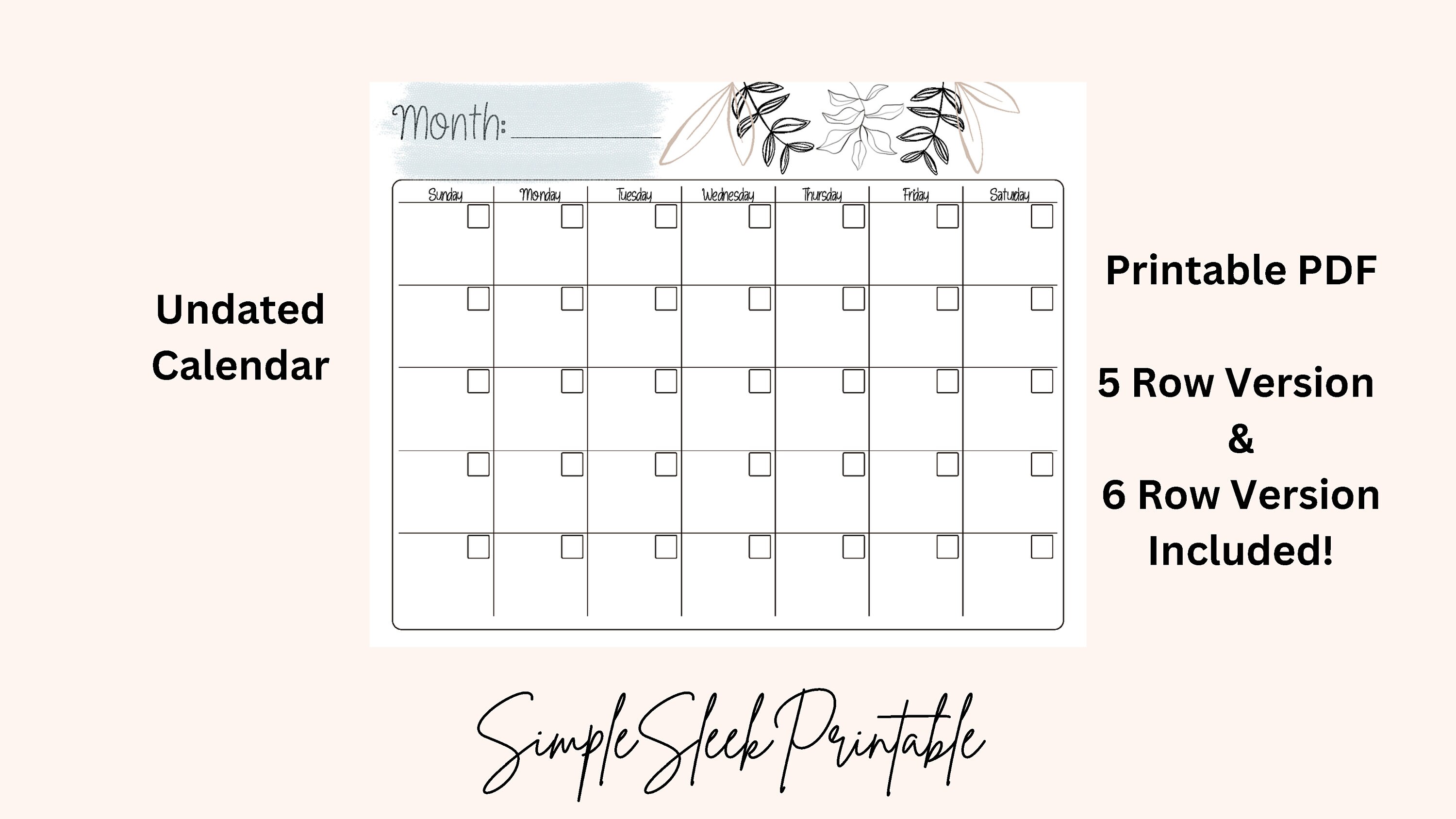 Undated Printable Calendar With Both 5 Row and 6 Row Options Included - PDF  Downloadable Printable - US Landscape Letter - Yearly Calendar - Etsy, image size:3000x1688