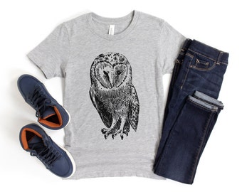 Kinder Kurzarm Schleiereule Shirt, Vogel Shirt, Eule Shirt, Vogel Liebhaber, Birds of Prey, Kinder Grau Shirt