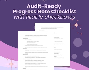 May include: A purple background with the text "Audit-Ready Progress Note Checklist with fillable checkboxes." Two white sheets of paper with checklists are in the foreground. The top left corner has a logo with the letters "GW".
