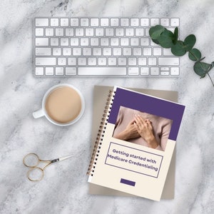 May include: A spiral bound guide with a purple cover and the text "Getting started with Medicare Credentialing". The cover also features a photo of a person's hands clasped over their chest.