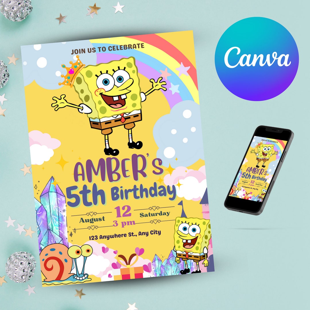 Editable Spongebob Birthday Party Invitationspongebob Etsy
