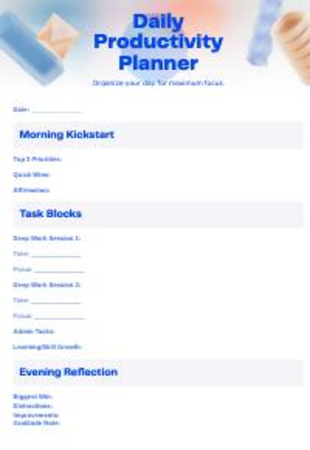 Daily Productivity Planner | Printable PDF, Digital Planner Page, Focus ...