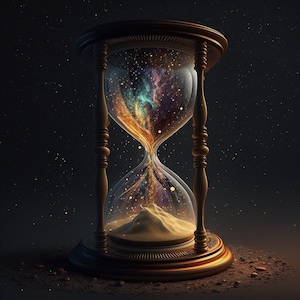 May include: A golden hourglass with a swirling galaxy inside. The sand is a light brown colour and the hourglass is sitting on a dark surface.