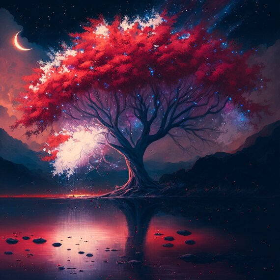 Massiver rot leuchtender Baum Mond