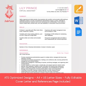 May include: A virtual assistant resume template with the name "LILY PRINCE" and contact details. The document is structured with sections for summary, skills, education, and experience, with a pink header. Text at the bottom reads "ATS Optimized Designs - A4 + US Letter Sizes - Fully Editable Cover Letter and References Page included."