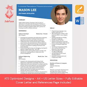 Può includere: Un modello di curriculum vitae per uno sviluppatore software, con foto, sezioni competenze, esperienza e istruzione. Il documento è progettato con un layout pulito e include il testo "Mason Lee" e "Software Developer".