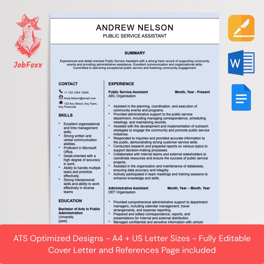 Public Finance Assistant Resume Template | ATS Friendly Government CV ...
