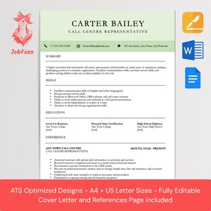 May include: A professional resume template for a Call Centre Representative named Carter Bailey. The document includes sections for summary, skills, education, and experience. It is designed for ATS systems and is fully editable, with A4 and US Letter sizes.