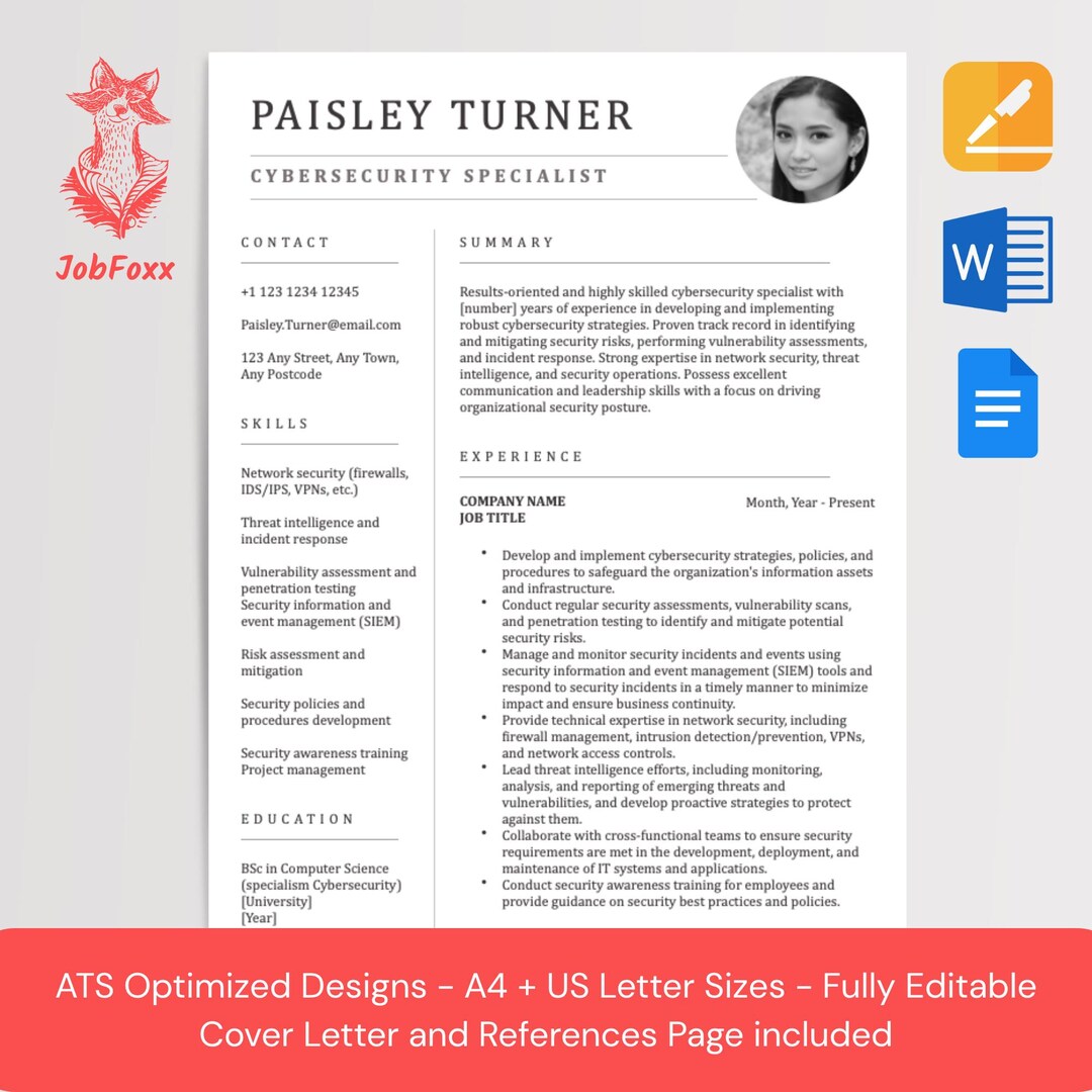 Cyber Security Resume Template | ATS Friendly IT Specialist CV (word ...
