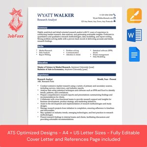 May include: A resume template with the name "Wyatt Walker" and the title "Research Analyst." The resume includes sections for summary, skills, education, and experience. The bottom of the image has the text "ATS Optimized Designs - A4 + US Letter Sizes - Fully Editable Cover Letter and References Page included."