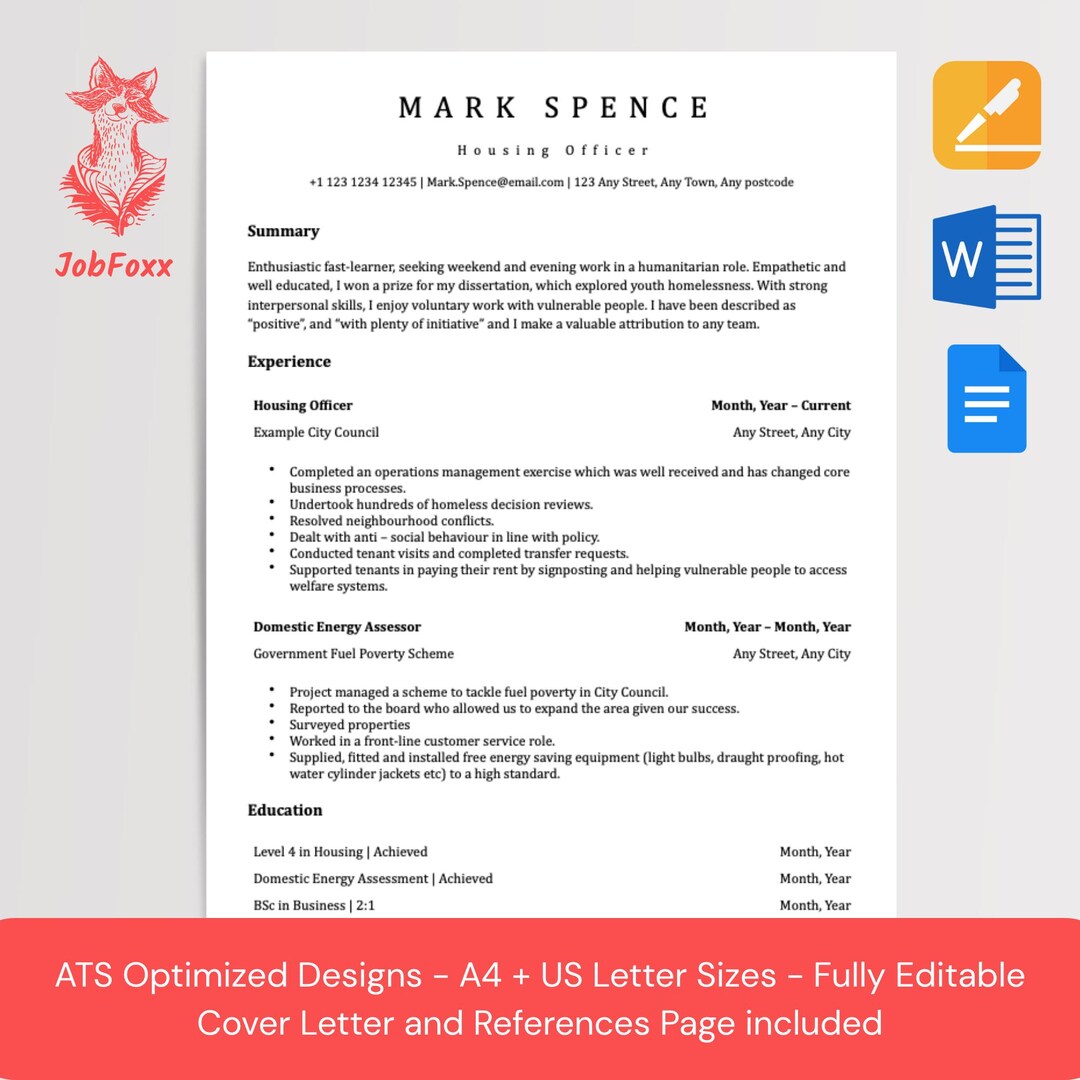 Housing Officer Resume Template | ATS Friendly Government CV (word ...