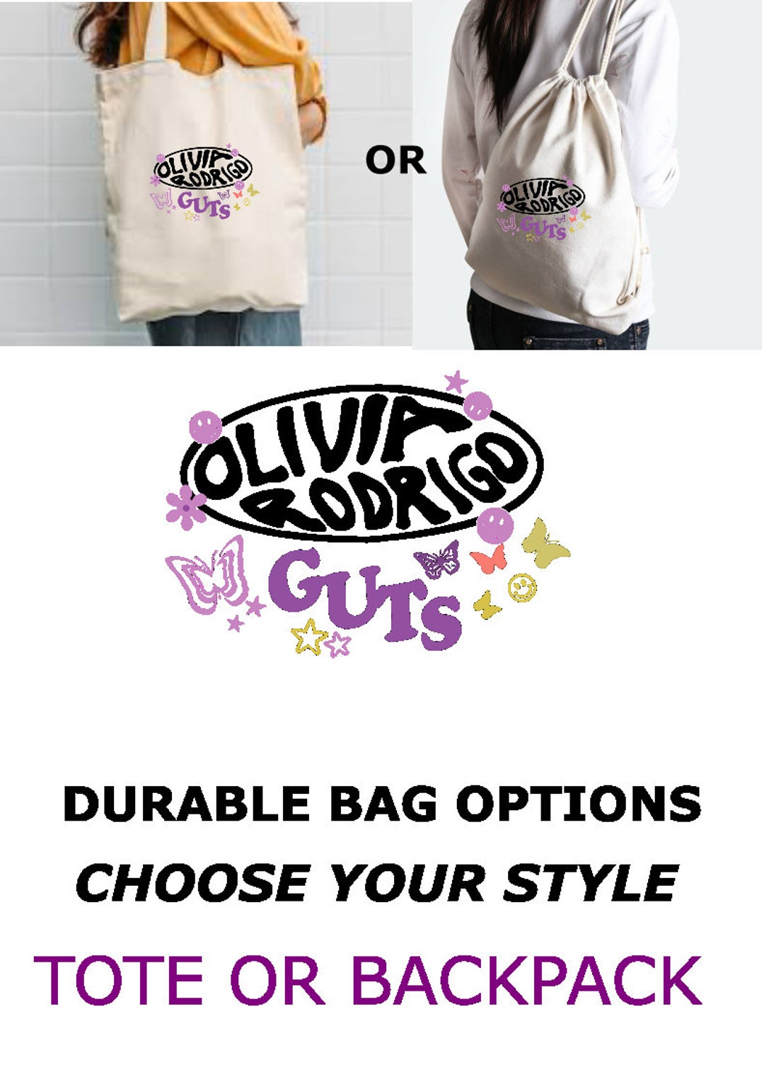 OLIVIA RODRIGO Guts 2024 Tour 2 OPTIONS Tote or Backpack Beach Gym Bag ...