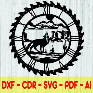 Wall Clock Wolf Laser Cut Dxf Glowforge Svg xTool D1 Template CNC Cutting Router Plazma Cut Instant Download Digital Vector Ai Pdf CDR Files