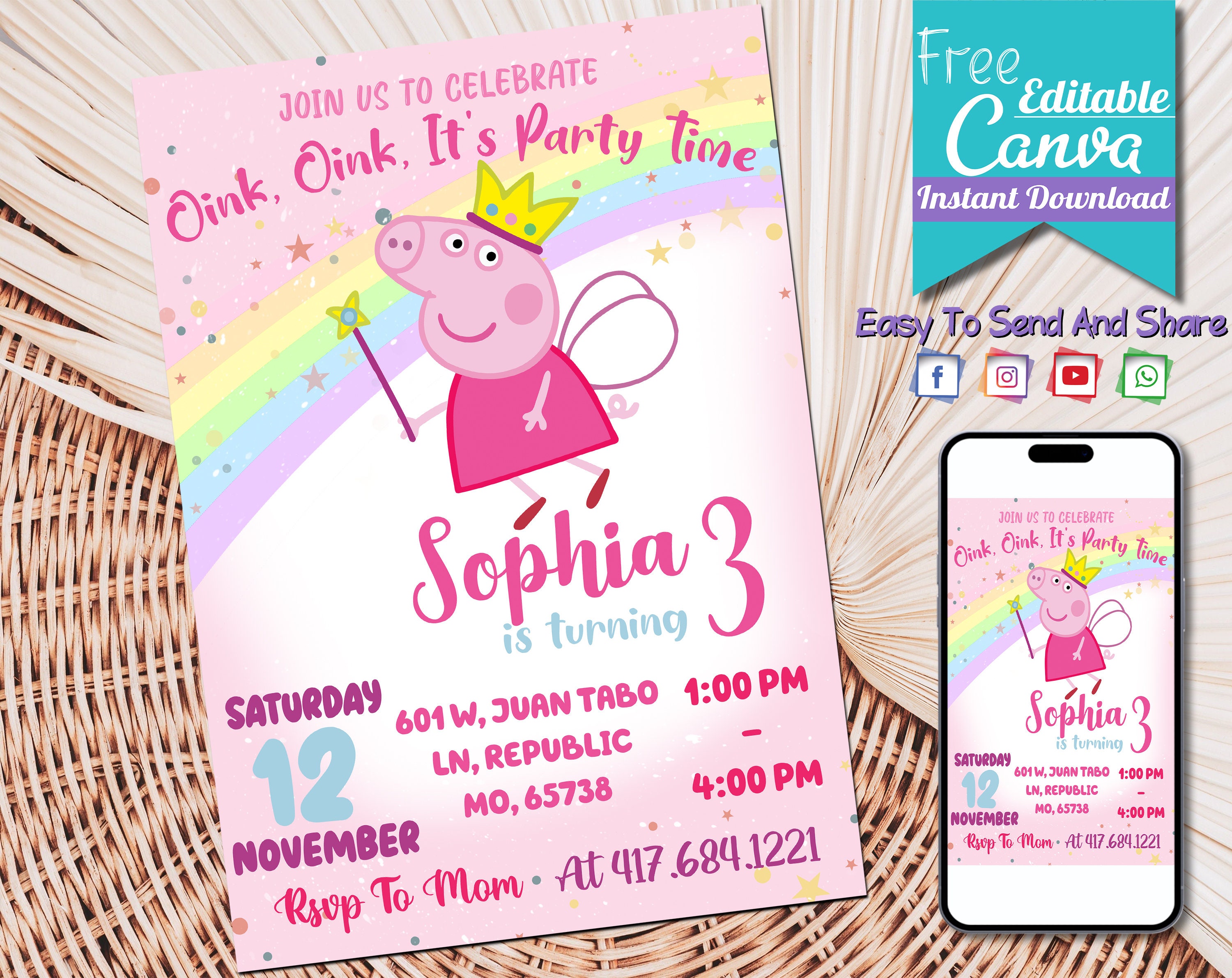 Peppa Pig Birthday Invitation Peppa Pig Invitation Peppa Etsy Canada