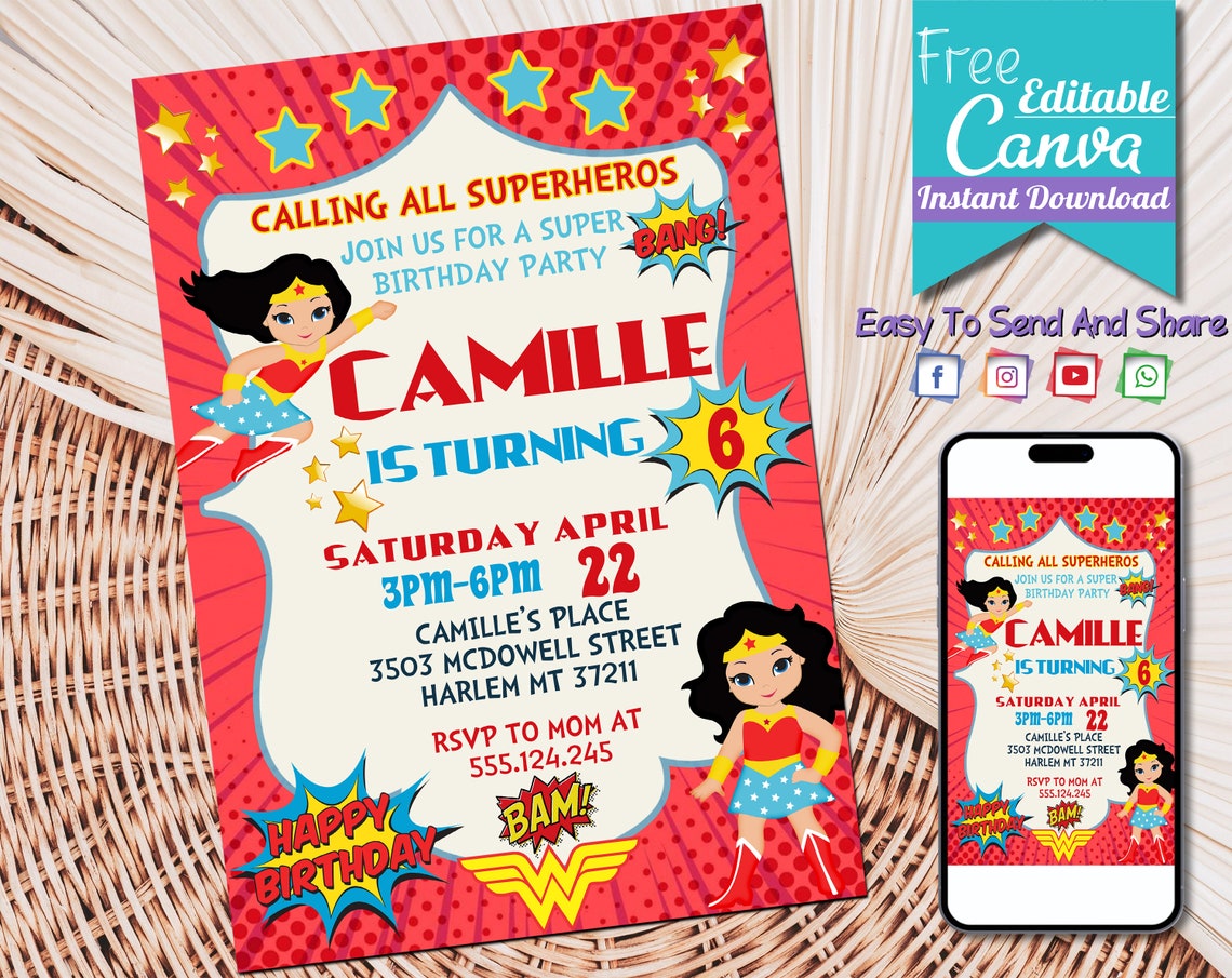 Editable Wonder Woman Birthday Invitation Template Printable Etsy