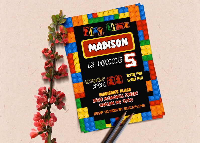 Building Blocks Birthday Invitation Building Brick Birthday Etsy