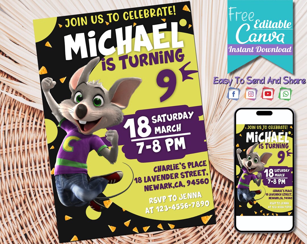 Editable Chuck E Cheese Birthday Invitation Printable Chuck E Cheese ...