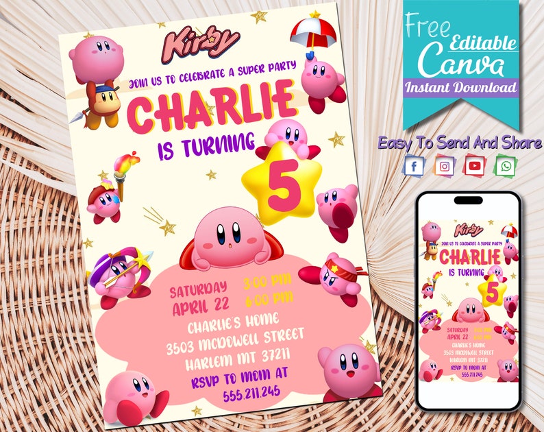 Editable Kirby Birthday Invitation Template Printable Etsy
