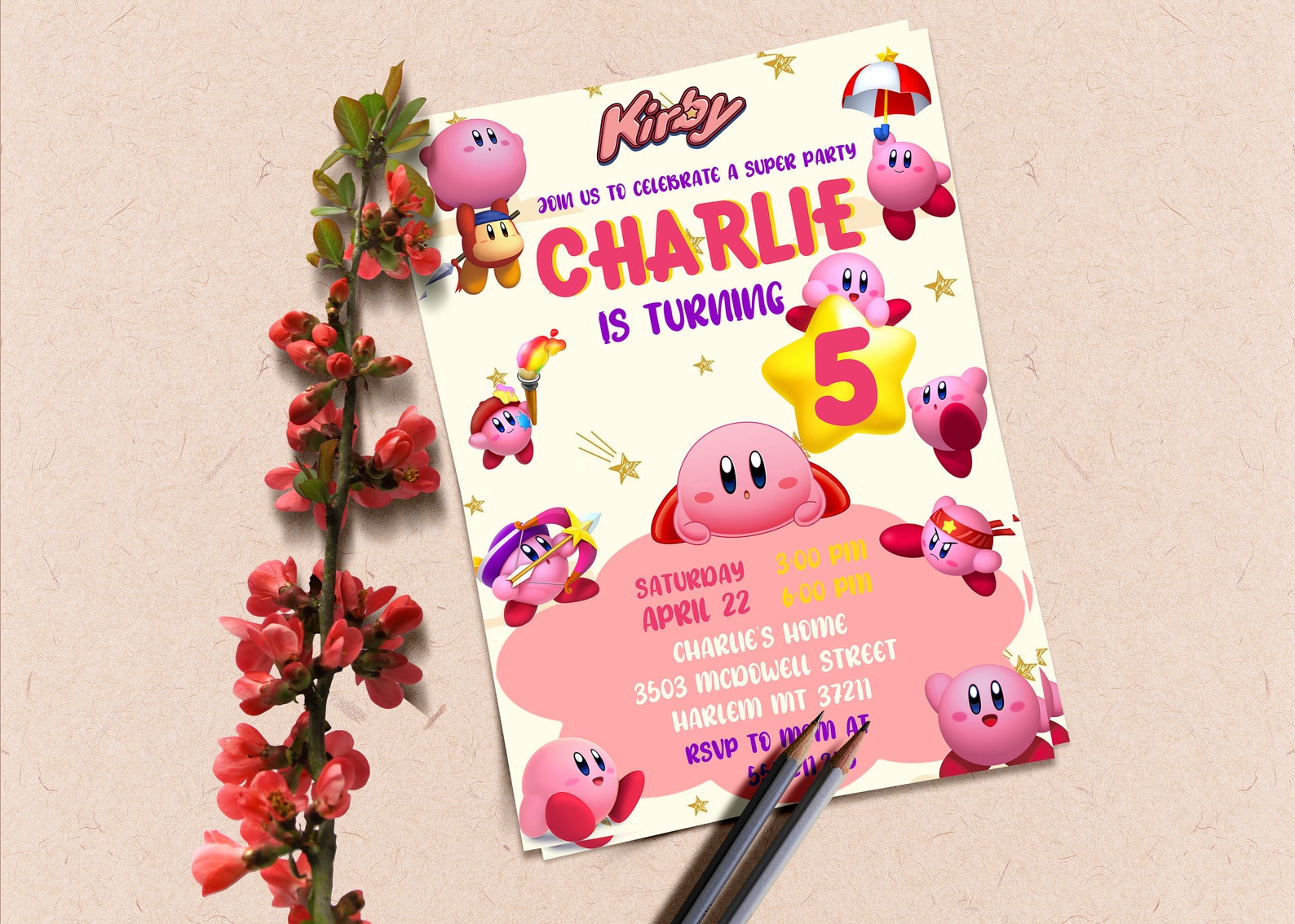 Editable Kirby Birthday Invitation Template Printable Etsy