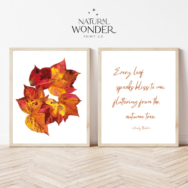 Autumn Leaves Painting and Emily Brontë Quote Printable Set of 2 | Fall Watercolor Vintage Art | Every Leaf Speaks Bliss To Me Quote