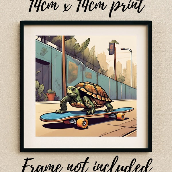 Digital Art Print: Whimsical Tortoise on a Skateboard, Perfect for Home Decor & Nursery, Unique Animal Illustration